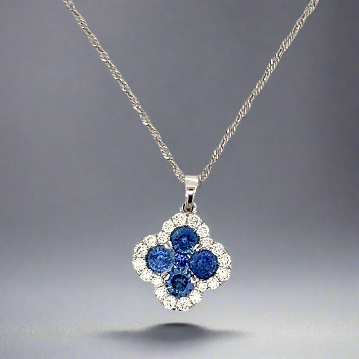 14K White Gold Diamond and Sapphire Clover Necklace