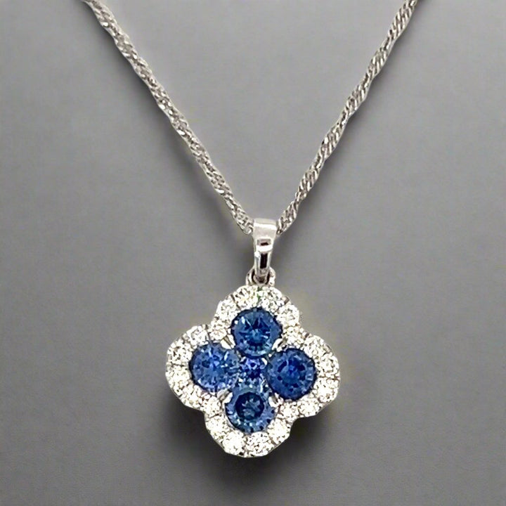 14K White Gold Diamond and Sapphire Clover Necklace