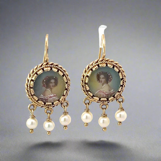 Antique Painted Portrait 14K Yellow Gold Brooch and Earrings