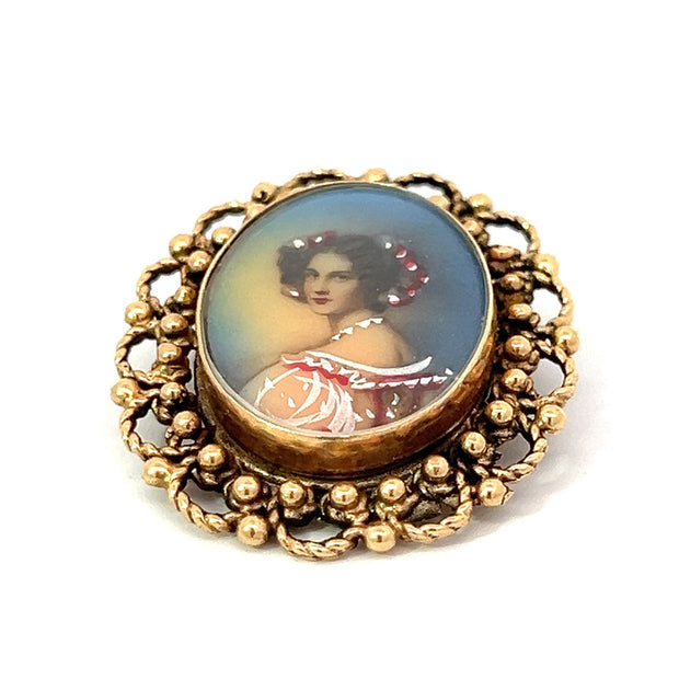 Antique Painted Portrait 14K Yellow Gold Brooch and Earrings