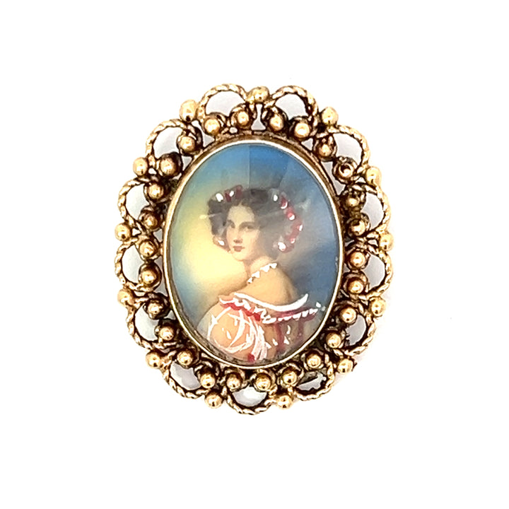 Antique Painted Portrait 14K Yellow Gold Brooch and Earrings
