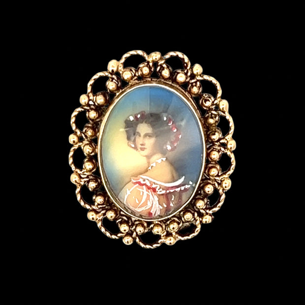 Antique Painted Portrait 14K Yellow Gold Brooch and Earrings