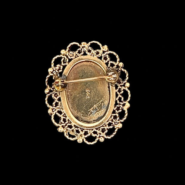 Antique Painted Portrait 14K Yellow Gold Brooch and Earrings