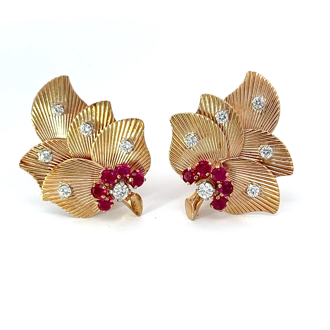 Retro Ruby, Diamond and 18K Gold Leaf Earrings – Tesori Belli