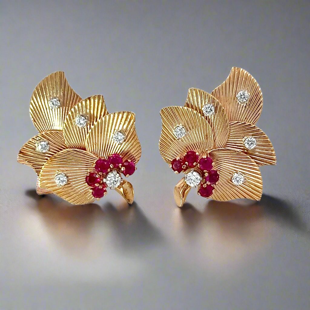 Retro Ruby, Diamond and 18K Gold Leaf Earrings – Tesori Belli