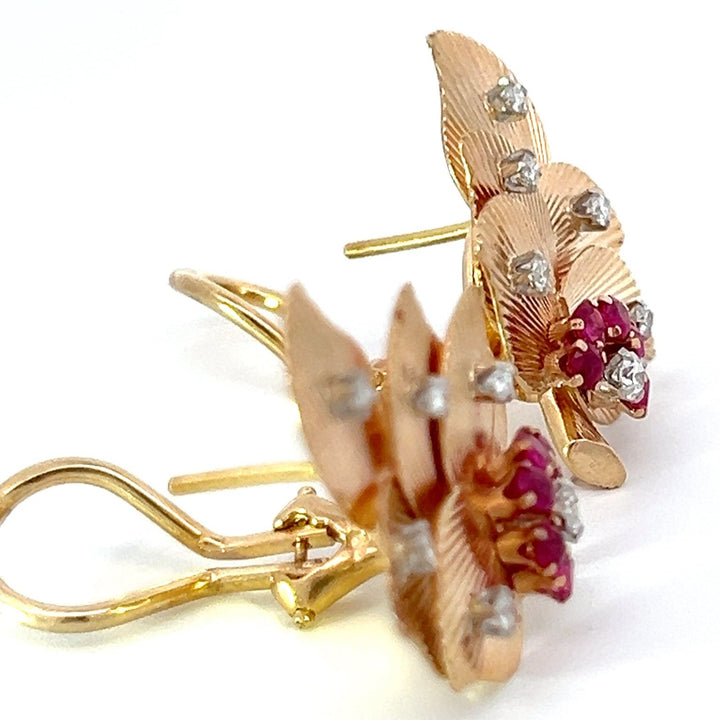 Retro Ruby, Diamond and 18K Gold Leaf Earrings