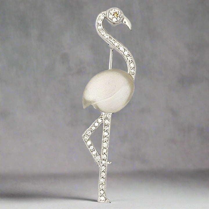 Diamond, Crystal and 18k White Gold Flamingo Brooch