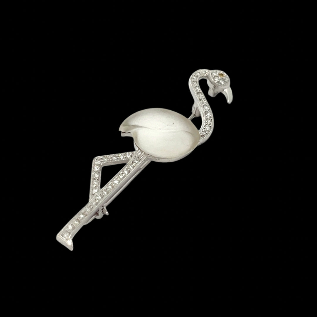 Diamond, Crystal and 18k White Gold Flamingo Brooch