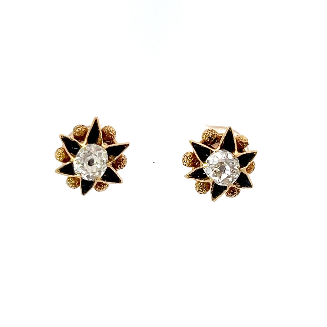 Antique .80 ctw Old Mine Cut Diamonds in 14K Yellow Gold and Enamel Star Stud Earrings