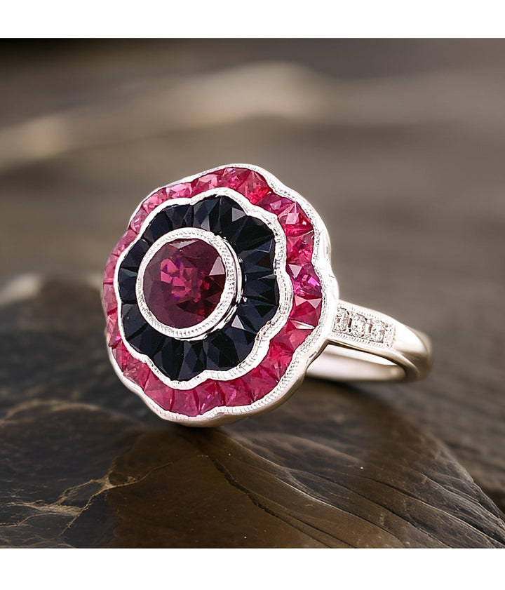 Art Deco Reproduction Aristocrat Ruby, Onyx, Diamond and 18K White Gold Ring