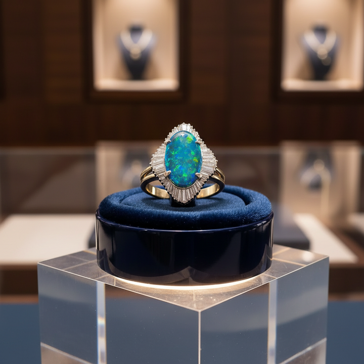 GIA Black Opal and Diamond Platinum Ring