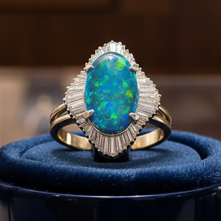 GIA Black Opal and Diamond Platinum Ring