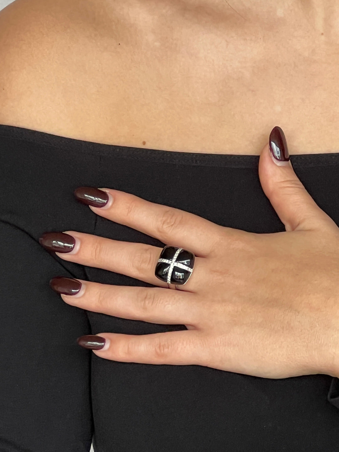 14K White Gold, Onyx and Diamond Ring