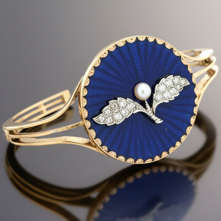 Estate Victorian Diamond , Natural Pearl , Blue Enamel Victorian 14K Gold Bangle 14730
