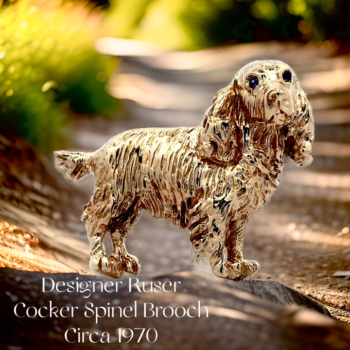 Estate Designer William Ruser Cocker Spinel Sapphire 14k Yellow Gold Brooch 15560