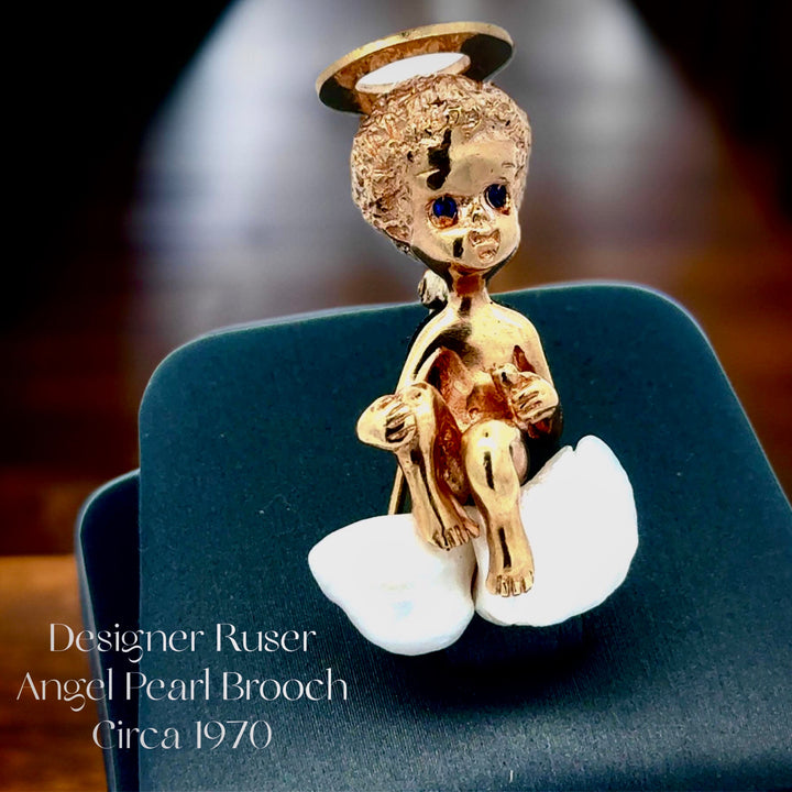 Estate Designer William Ruser Sapphire & Biwa Pearl Angel Brooch 15557
