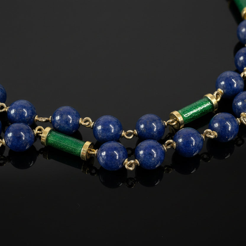 Vintage David Webb 1145cttw Lapis, Green Enamel 18Kt Yellow Gold 34" Necklace