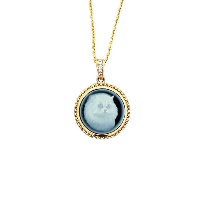 Cat Cameo Diamond, 14K Yellow Gold and Agate Necklace