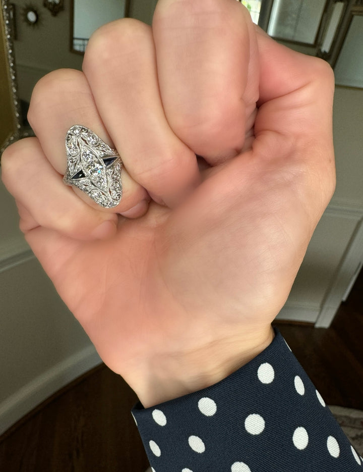 Art Deco Diamond and Sapphire 14K Gold Ring