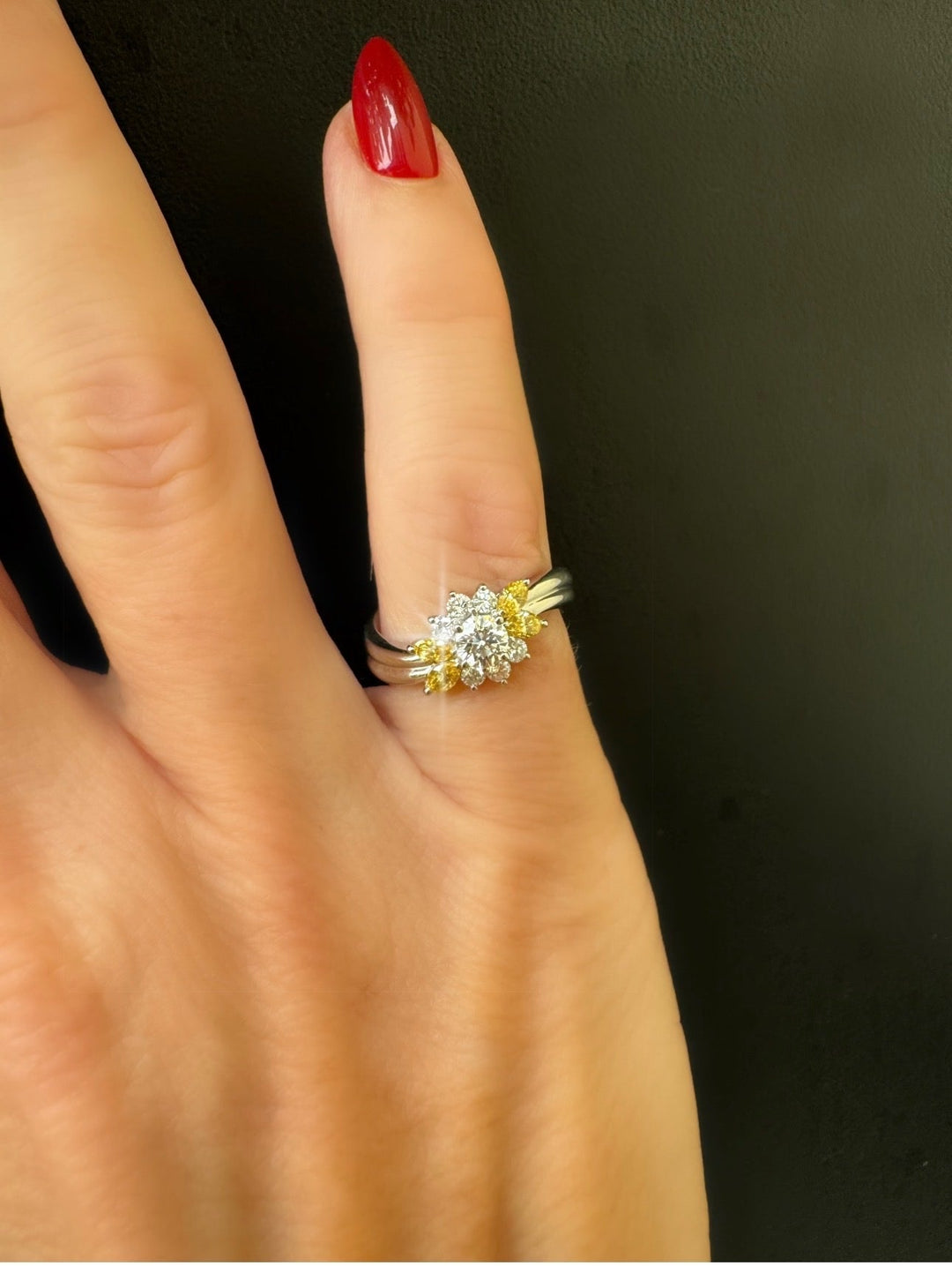 Vintage Mikimoto Natural Fancy Yellow & White Diamond Platinum Ring