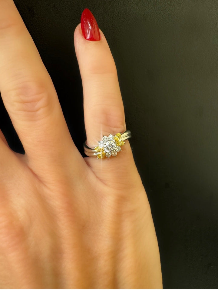 Vintage Mikimoto Natural Fancy Yellow & White Diamond Platinum Ring