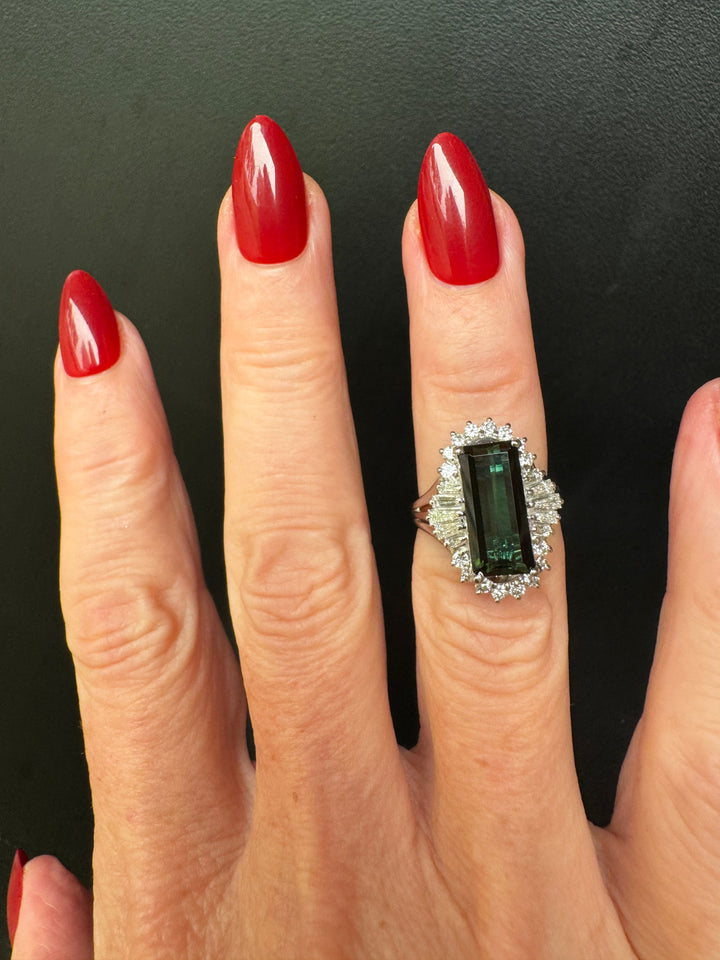 Estate Diamond & Green Tourmaline Platinum Ring