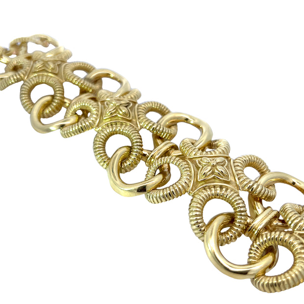 Bold Gold 18K Yellow Gold Circle Link and Flower Motif Bracelet