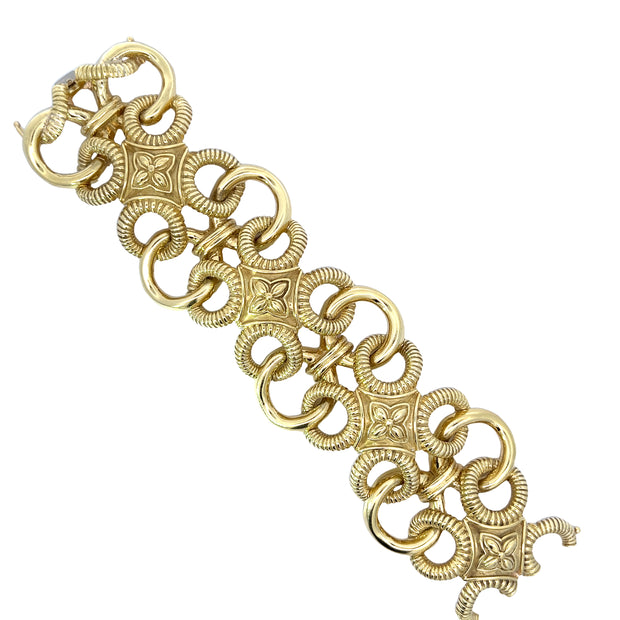 Bold Gold 18K Yellow Gold Circle Link and Flower Motif Bracelet
