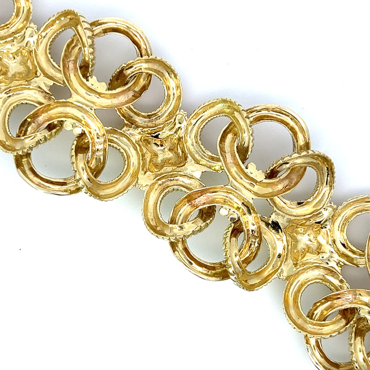 Bold Gold 18K Yellow Gold Circle Link and Flower Motif Bracelet