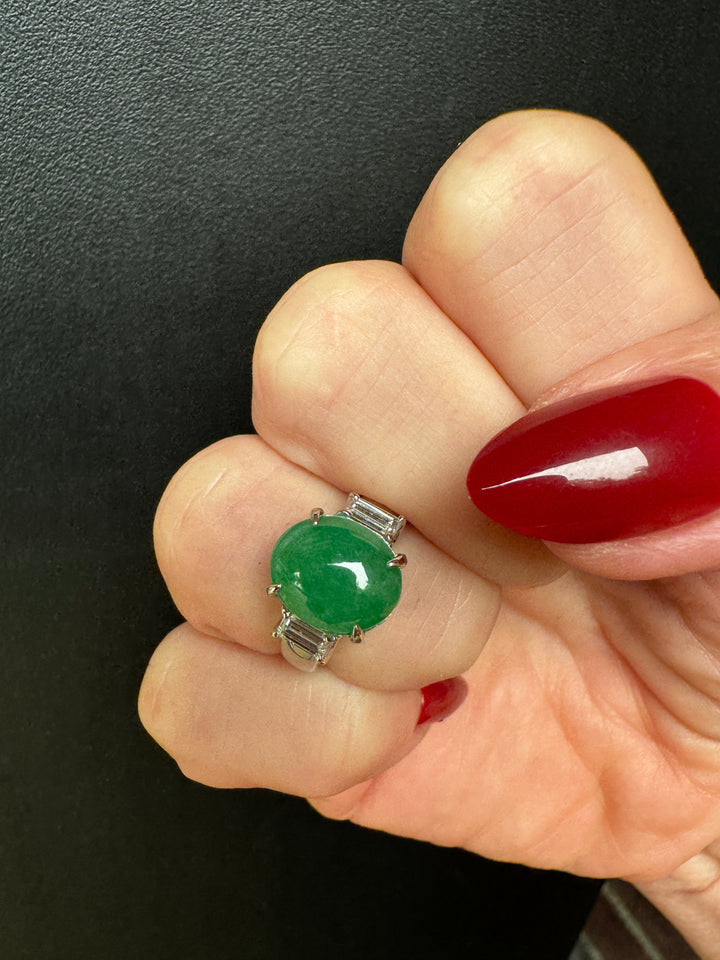 Estate Natural Color Jadeite & Diamond Platinum Ring (GIA)