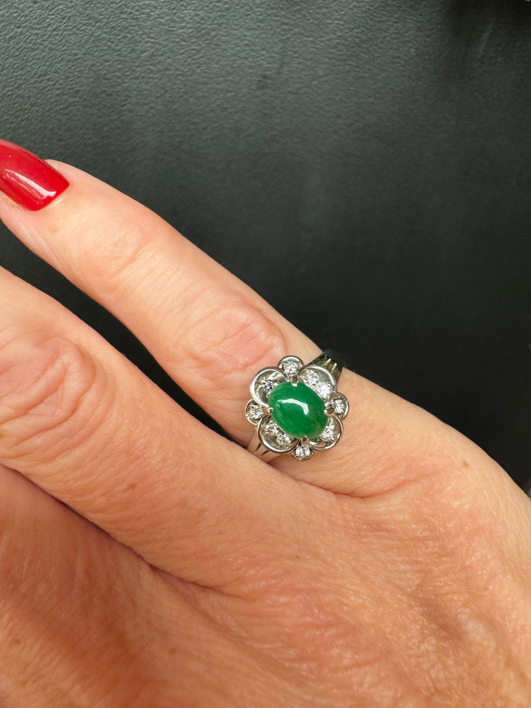 Estate Natural Color Jadeite & Diamond Platinum Ring (GIA)