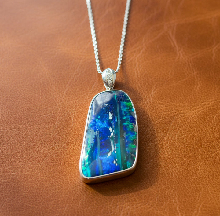 Custom Designer 61.17ct Boulder Opal and Diamond Platinum Necklace