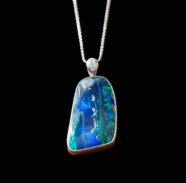 Custom Designer 61.17ct Boulder Opal and Diamond Platinum Necklace