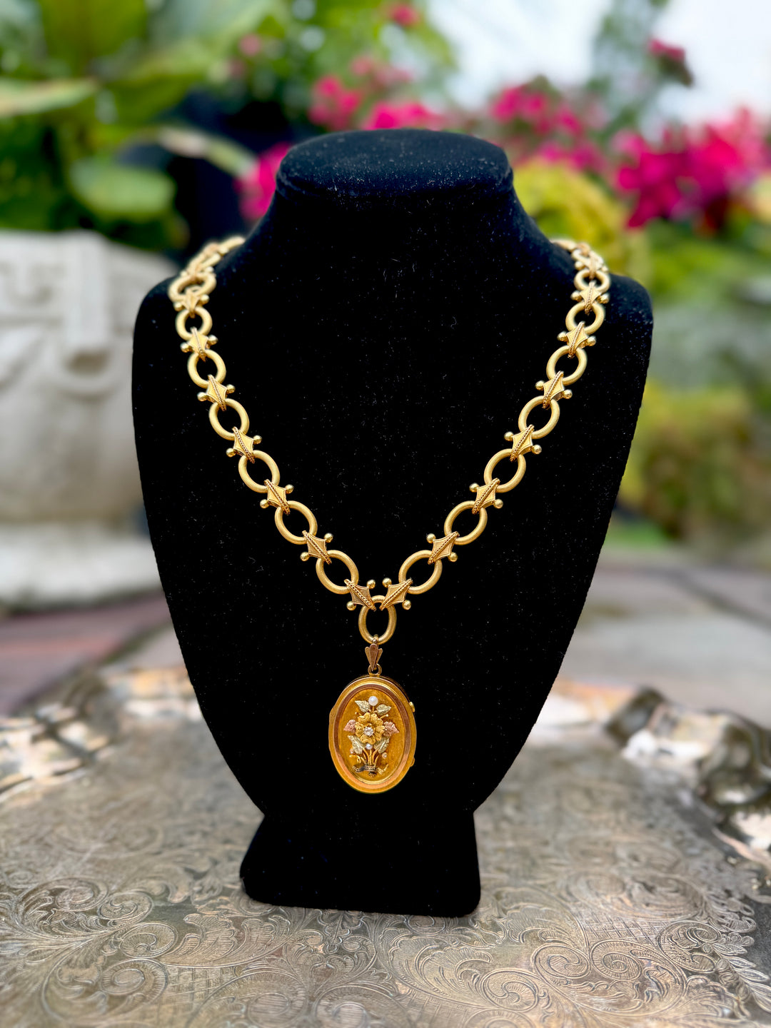 Antique Victorian 18K Tri-Gold, Diamond, Pearl Locket on Fancy Link Chain Necklace