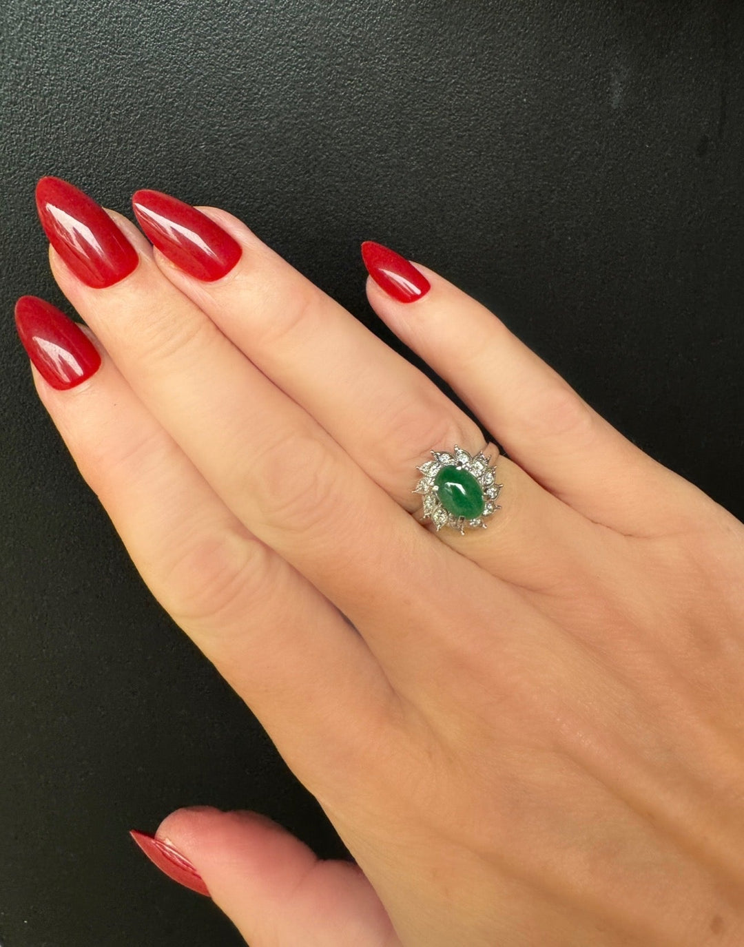 Estate Natural Color Jadeite & Diamond Platinum Ring (GIA)