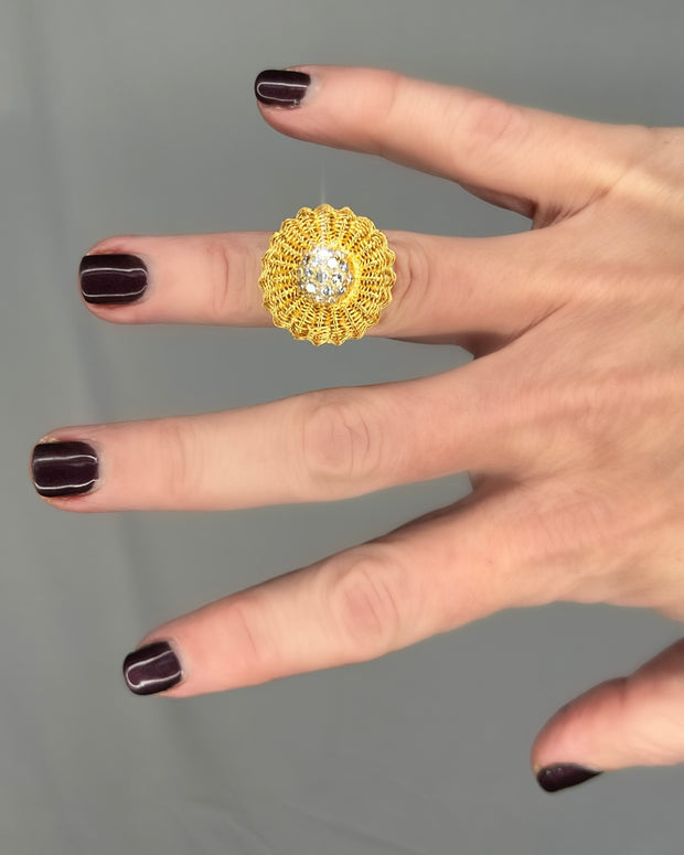 Vintage 18K Yellow Gold and Diamond Basketweave Ring