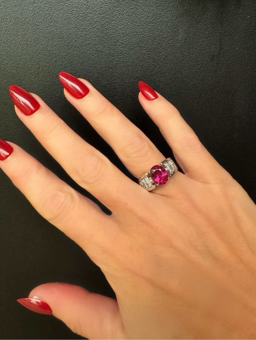 Estate Diamond & Pink Tourmaline 18K White Gold Ring