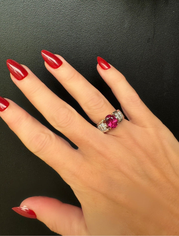 Estate Diamond & Pink Tourmaline 18K White Gold Ring