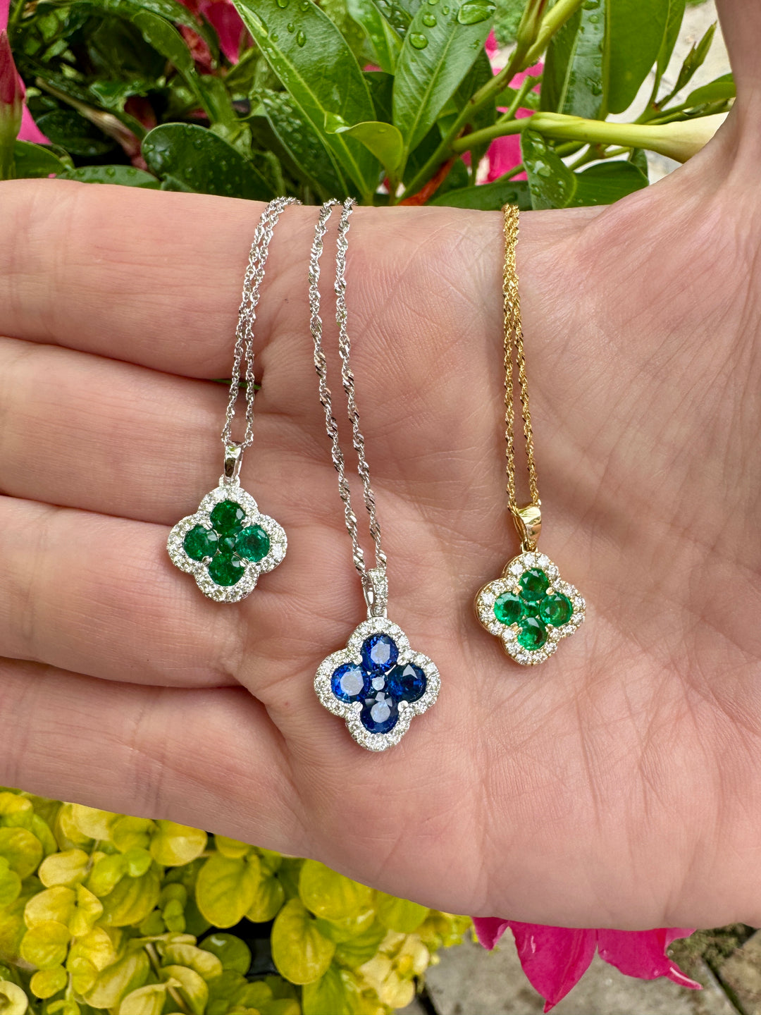 Diamond and Emerald 14K White Gold Clover Necklace