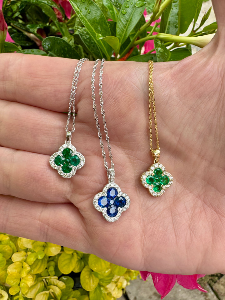 Diamond and Emerald 14K White Gold Clover Necklace
