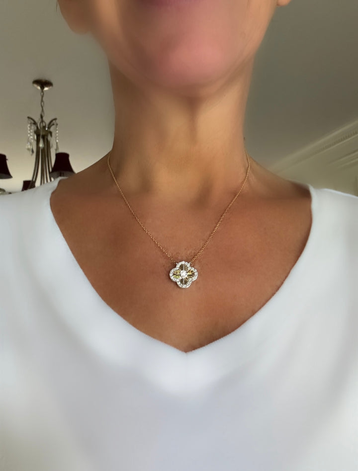 Diamond and 14K White and Yellow Gold Clover Necklace