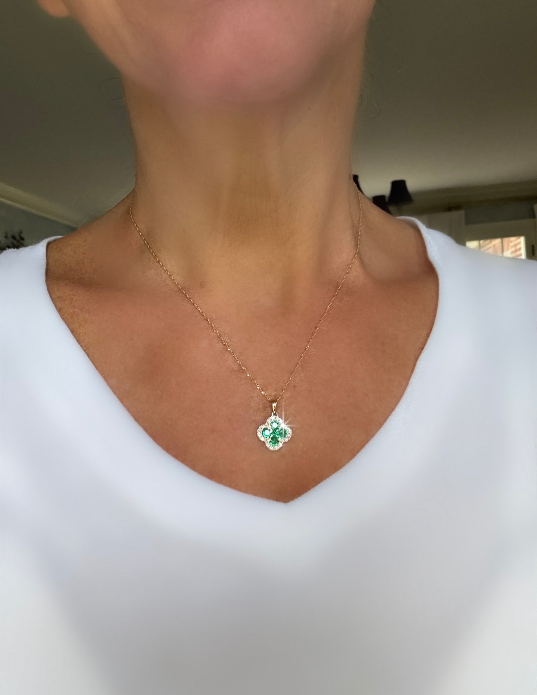 Diamond and Emerald 14K Yellow Gold Clover Necklace