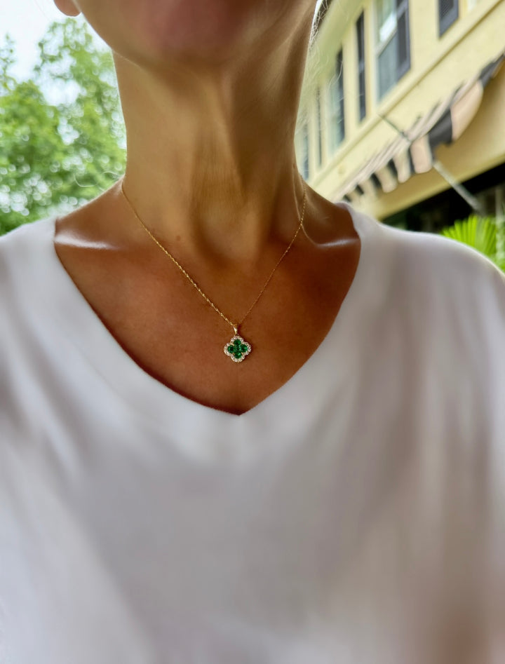 Diamond and Emerald 14K White Gold Clover Necklace