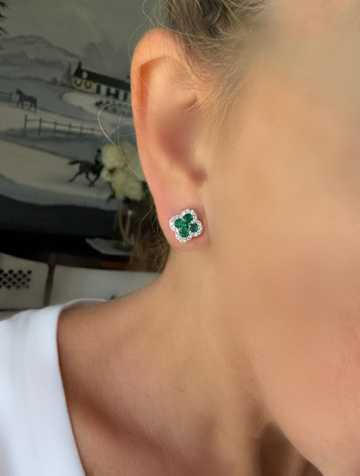 14K White Gold Diamond and Emerald Clover Earrings