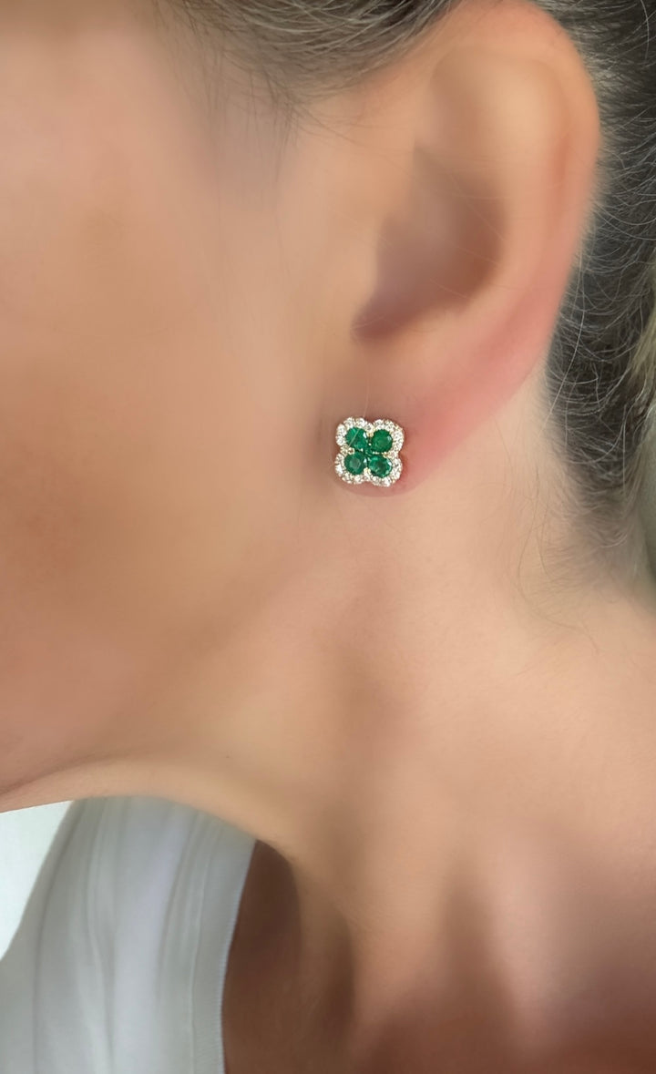 14K Yellow Gold Diamond and Emerald Clover Earrings