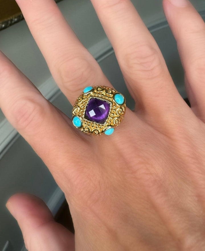 Turquoise, Amethyst and 14K Yellow Gold Ring