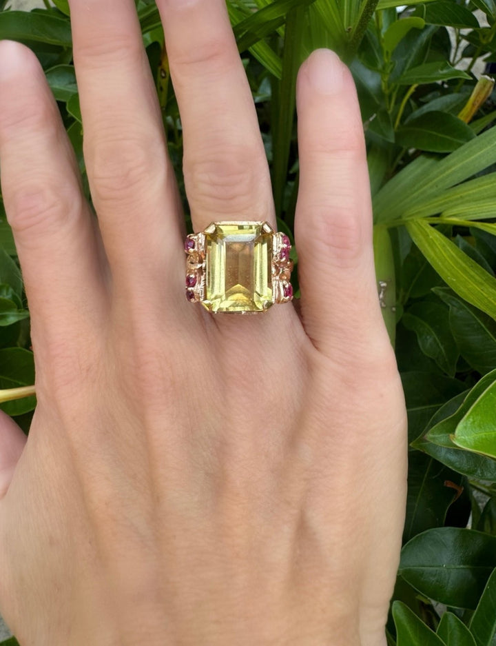 Retro Citrine, Ruby and 14K Yellow Gold Ring