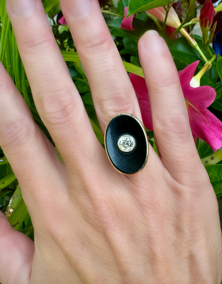 Old European Cut Diamond, Black Onyx in 14K Yellow Gold Vintage Ring
