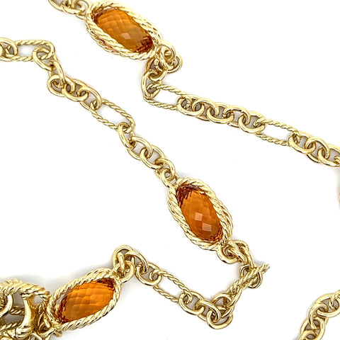 Estate David Yurman 18K Yellow Gold 40" Long Figaro Link Chain with Large Citrine Briolettes  Necklace