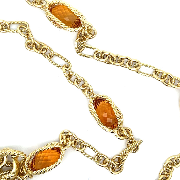 Estate David Yurman 18K Yellow Gold 40" Long Figaro Link Chain with Large Citrine Briolettes  Necklace